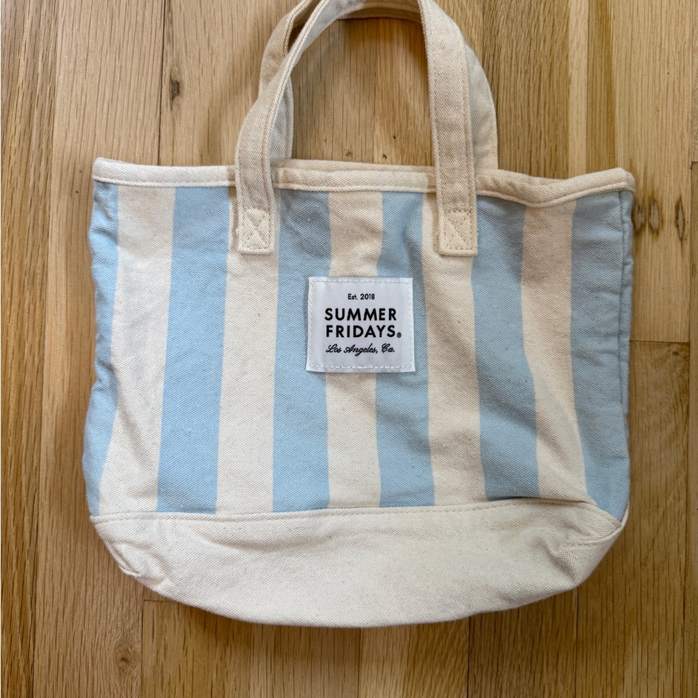 Summer Fridays Light Blue & Cream Striped Canvas Tote